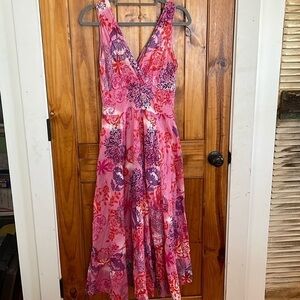 Jane Ashley Petite Medium Floral V Neck Pink Purple Red Midi Dress Cotton